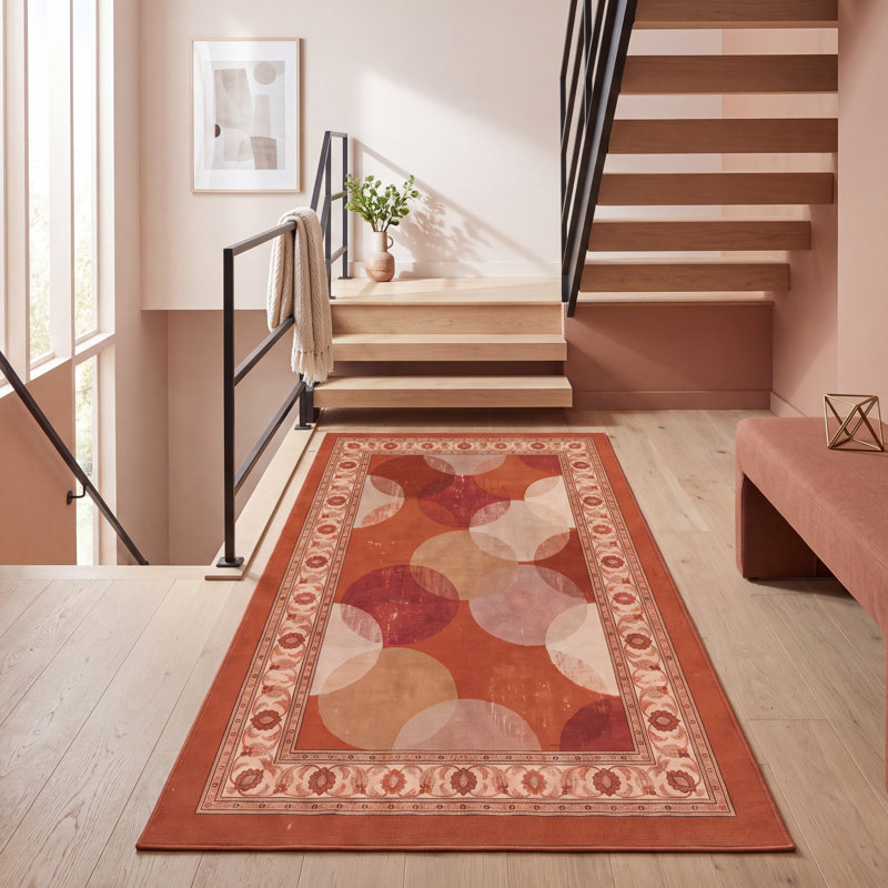 Tapis Hawthorn2 Modern Circles géométrique orange, rouge et crème, lavable à la machine, antidérapant, à poils courts, pour l'intérieur et l'extérieur, adapté aux animaux domestiques, idéal pour le salon, la chambre, la salle à manger, l'entrée, le couloir ou le bureau.
