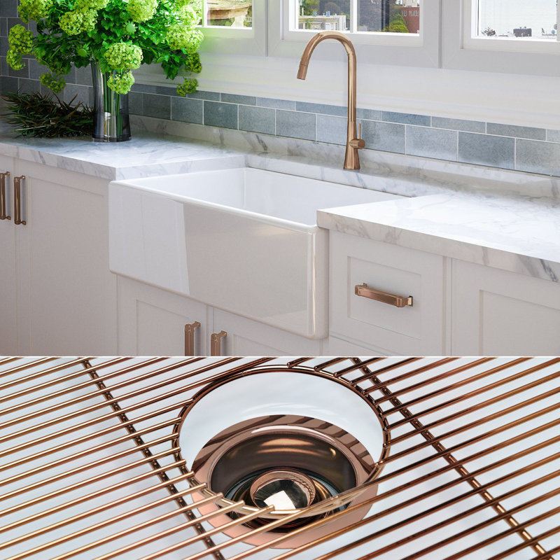 Luxury 33" L x 20" W Dual Mount Kitchen Sink with Basket Strainer, Polished Rose Gold Accessories