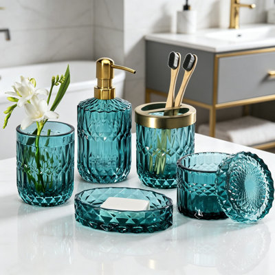 6-Piece Premium Tempered Glass Bathroom Accessories Set With Soap Dispenser, Toothbrush Holder, Soap Dish, Tumbler, And Cotton Swab Jar For Modern Bathroom Organization And Decor