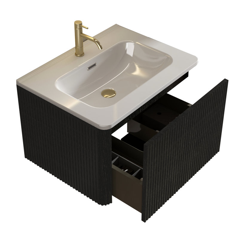 Meuble-lavabo flottant 24 po - chêne noir brossé rayé, lavabo en céramique blanche finition chêne sophistiqué, magnétisme