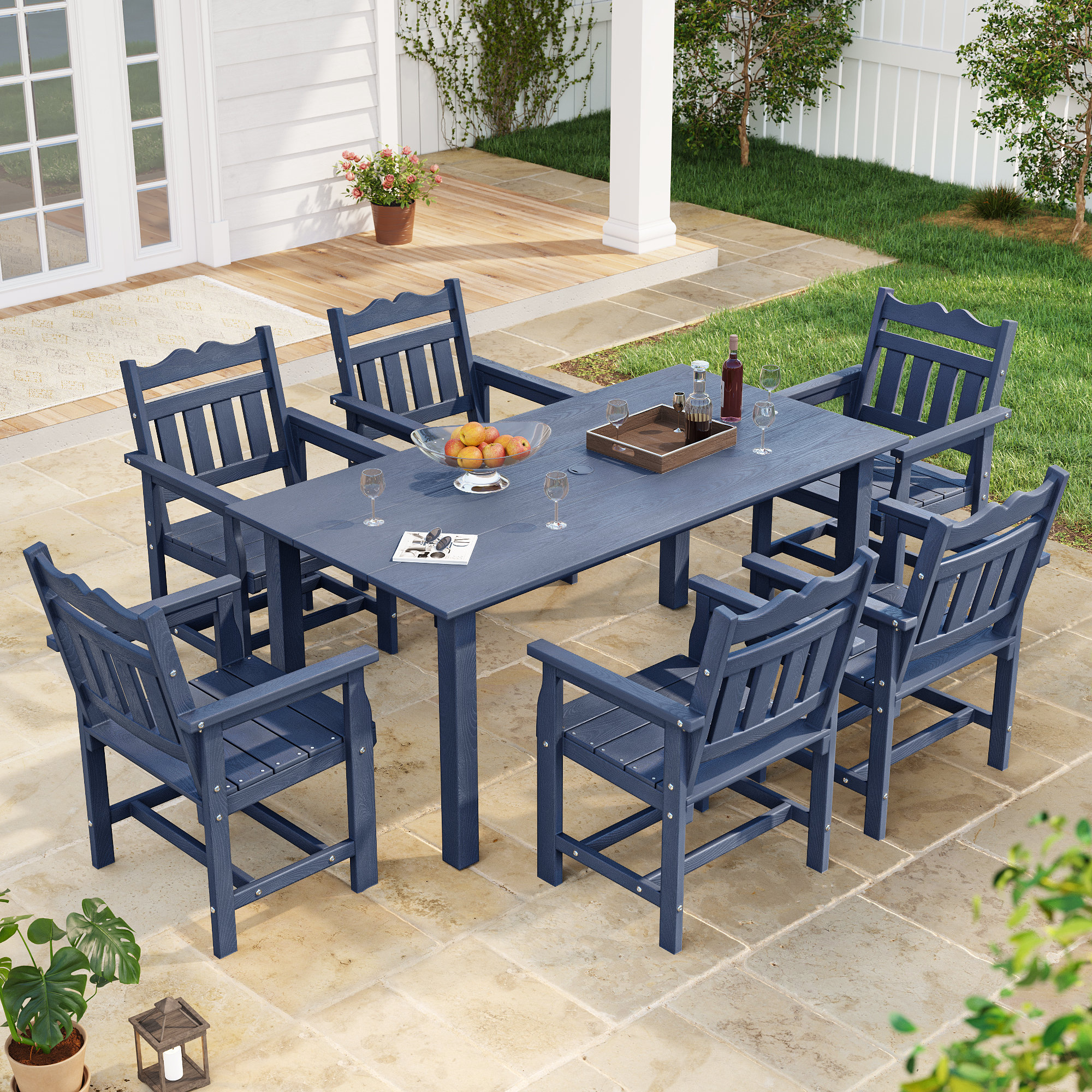 low patio table with umbrella hole All Weather Wicker Stand 22in Elevate your dining experience with our sleek and easy 7 Piece Outdoor HIPS Dining