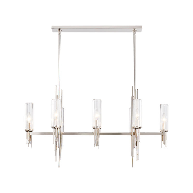Luminaire suspendu linéaire style bougie à 8 lumières Torres, Nickel poli / nervuré transparent