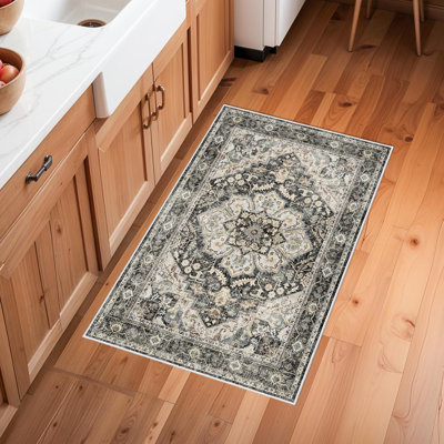 Tapis oriental lavable - Tapis pour le salon Tapis moelleux pour la chambre à coucher Imperméable à l'eau floral patiné intérieur résistant aux taches sans perte de poils (noir)