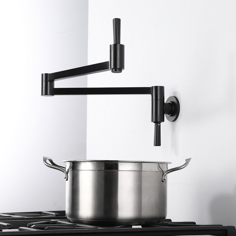 Wall Mount Pot Filler with Folding Stretchable Double Joint Swing Arm, Black