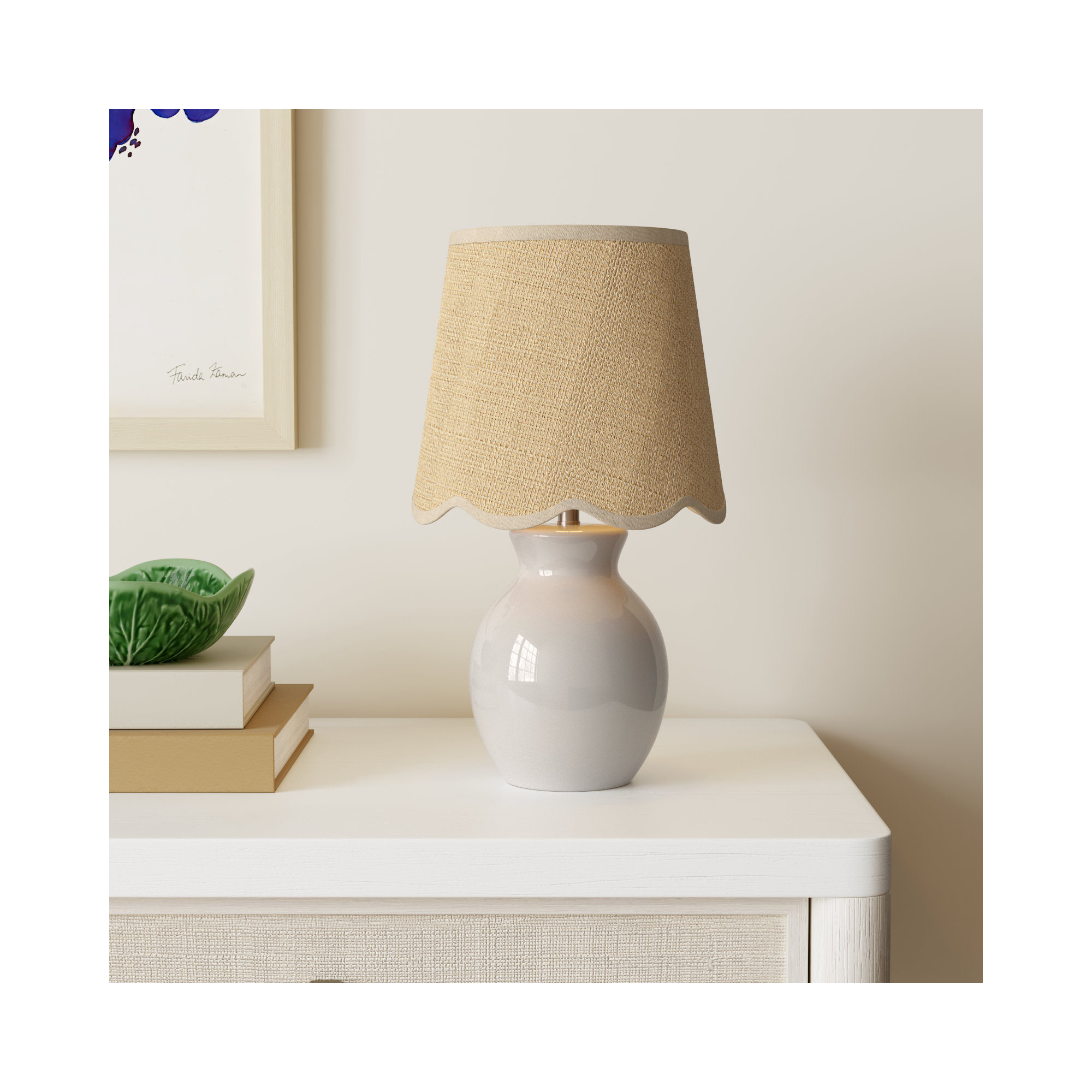 Momsen Scallop Shade Lamp, White, Natural, 15"" H x 8"" W x 8"" D