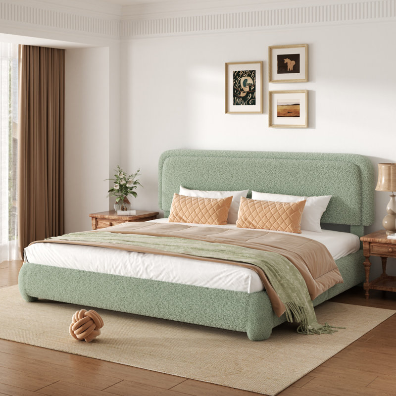 Boucle Upholstered Platform Bed Frame with Adjustable Headboard & Soft Rounded Corners, Green, King