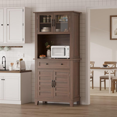 72 in Tall Kitchen Pantry Cabinet, Kitchen Hutch Bar Cabinet with Microwave Stand, Cupboard with Drawers Glass Doors for Dining Room