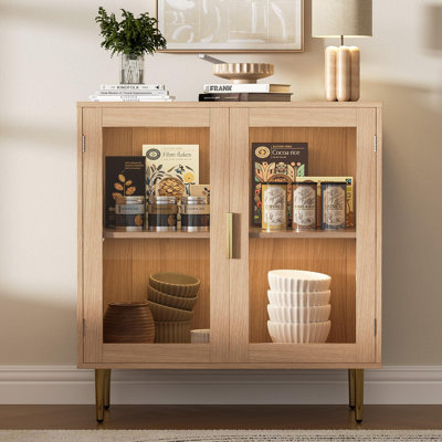 Buffet moderne avec lumières à DEL, buffet en acrylique 32 po avec 2 portes, tablette à café réglable pour le salon, la cuisine, chêne