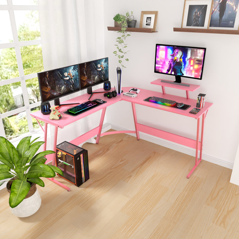 Pink L-Shaped Wood Computer Desk with Power Outlet and USB Port