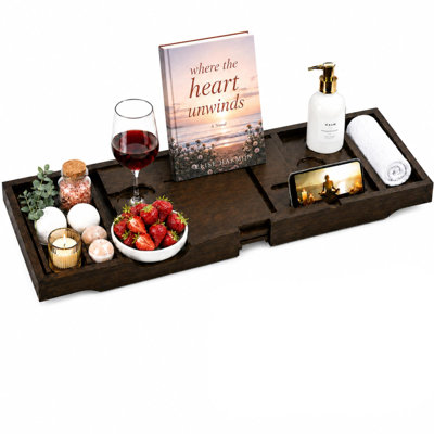 Bathtub Tray for Tub - Brown Bamboo Bath Tray, Expandable Wooden Bath Caddy Tray with Wine Holder, Book and Tablet Stand, Bathroom Accessories, Tub Table, Spa Bath Gifts for Women and Couples