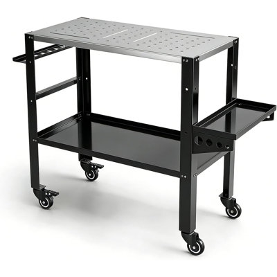 Table de soudage de 36 po x 18 po, dessus de table d'établi de soudage d'une capacité de 1200 lb avec roues verrouillables, support à outils et plateau, 4 fentes à outils et trous de 5/8 po pour les travaux de réparation de soudage