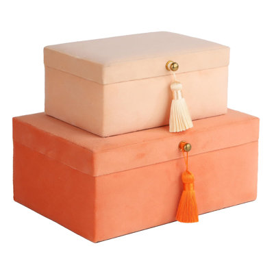 Velvet Jewelry Boxes Decorative Boxes, Storage Accessory Organizer Boxes With Elegant Handle Decor, Classic Velvet Set Of 2 Pieces (Orange)