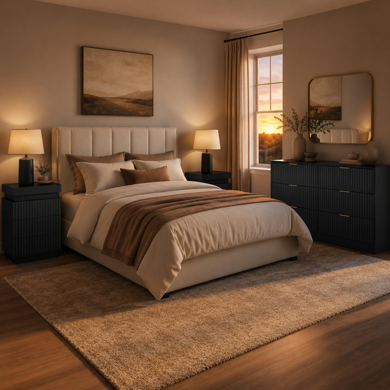 Ensemble de chambre à coucher moderne 3 pièces avec commode 6 tiroirs et 2 tables de bout, tables d'appoint USB-C