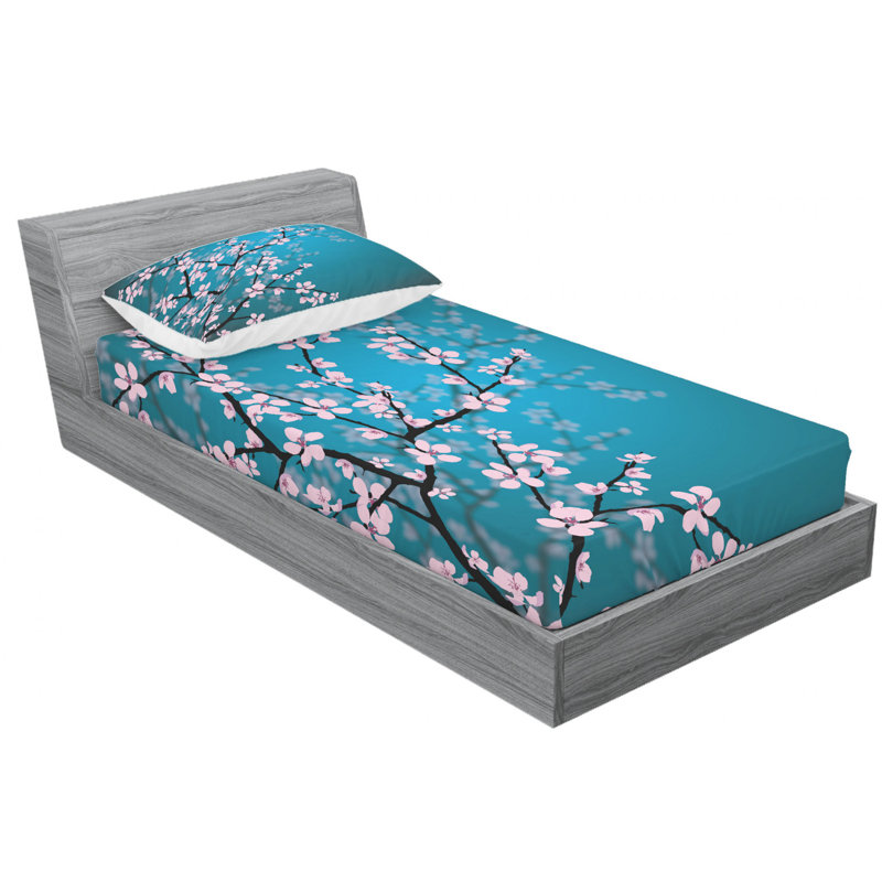 Japanese Microfiber Floral Sheet Set, Twin Sheet Set + Fitted Sheet + 1 Pillowcase
