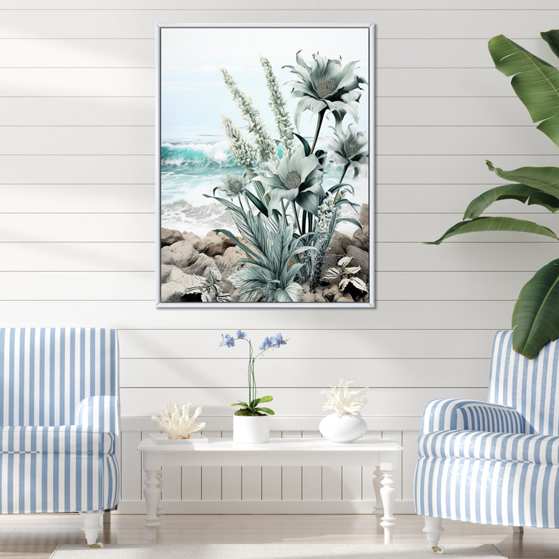Plage bord de mer Flora I - Art mural nautique et plage, salon, H 20 po x l 12 po x P 1 po, Cadre flottant blanc