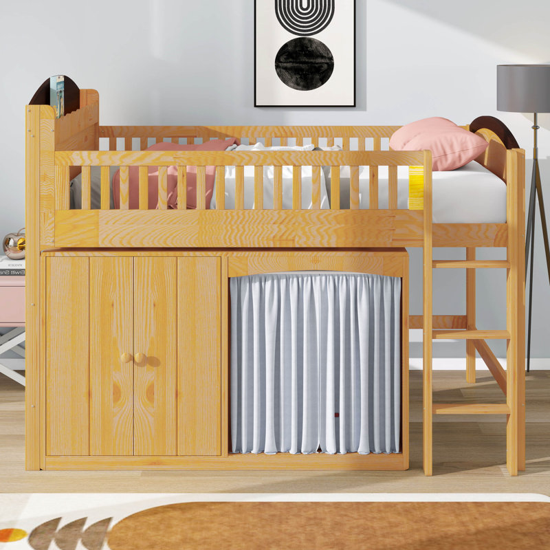 Lit mezzanine double avec armoire de rangement, garde-robe et DEL, lit mezzanine en bois massif avec échelle, garde-corps pour les adolescents