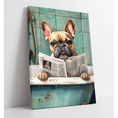 french bulldog in bathtub reading newspaper Canvas Wall Art Print Picture