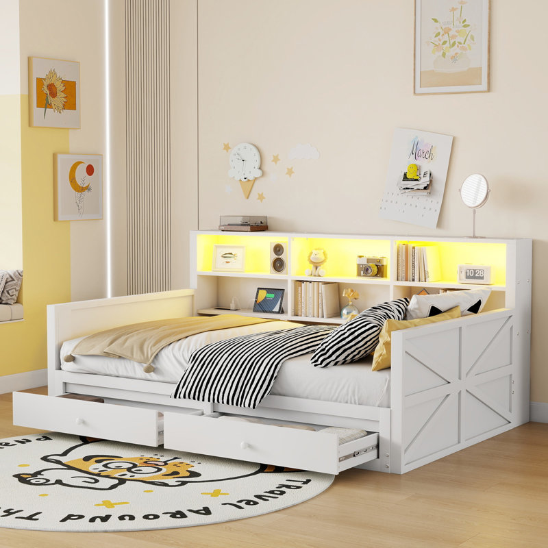 Extendable Daybed, Twin to Double Twin Daybed with Storage Headboard, Twin Daybed with Charging Station and Light, White