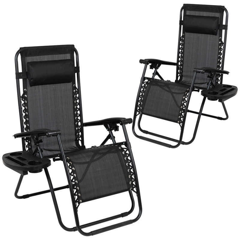 Niko Adjustable Folding Mesh Zero Gravity Reclining Lounge Chair with Pillow and Cup Holder Tray, Black