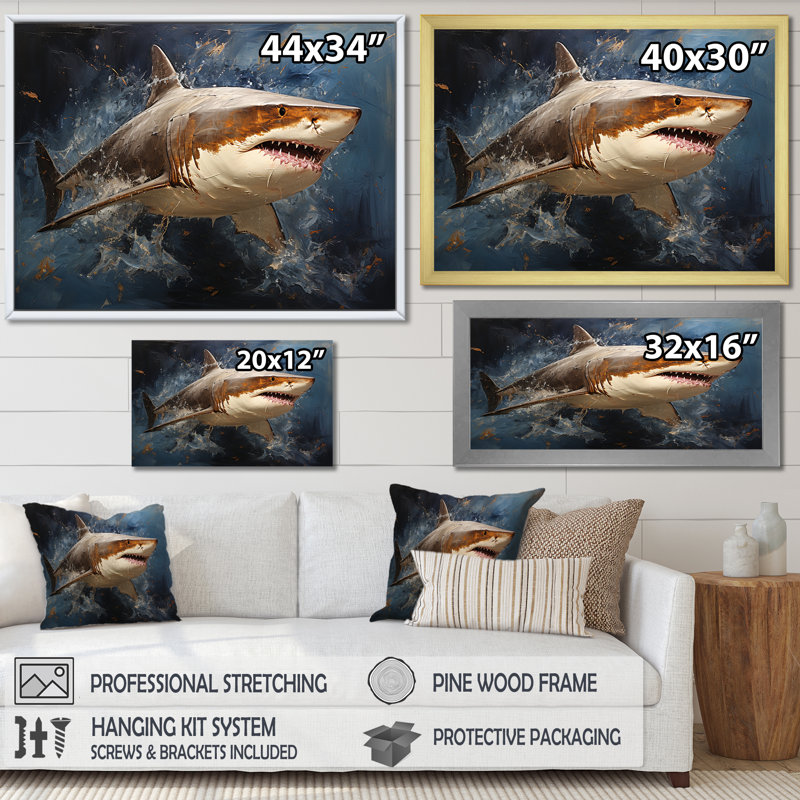 Underwater Shark attack I - Shark Large Wall Art, 16" H x 32" W x 1" D, Wrapped Canvas