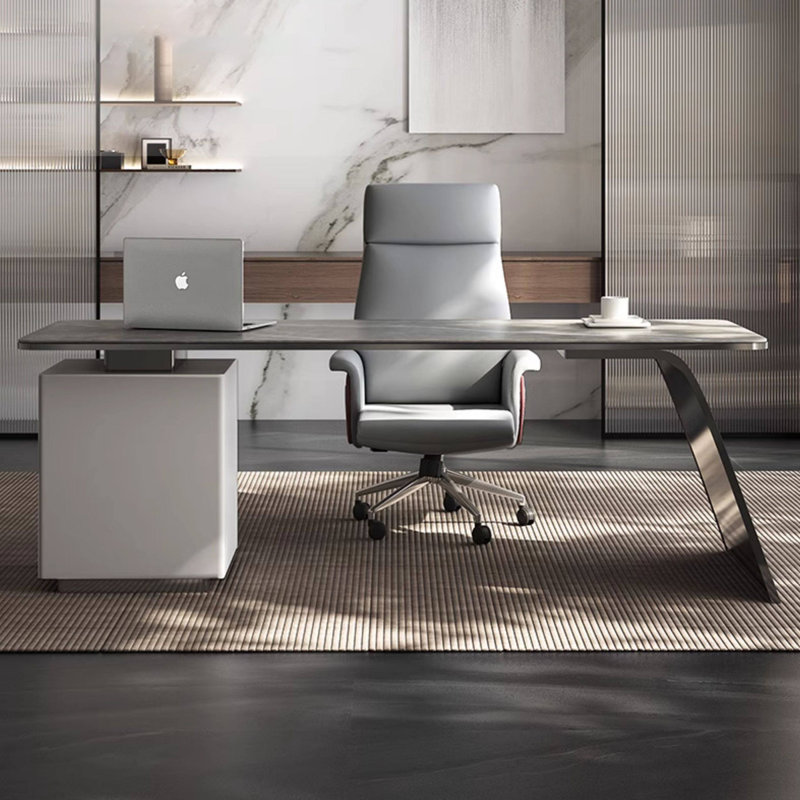 Bureau gris / blanc fritté rectangulaire + bois manufacturé + acier inoxydable avec bureau à 3 tiroirs, Retour à droite