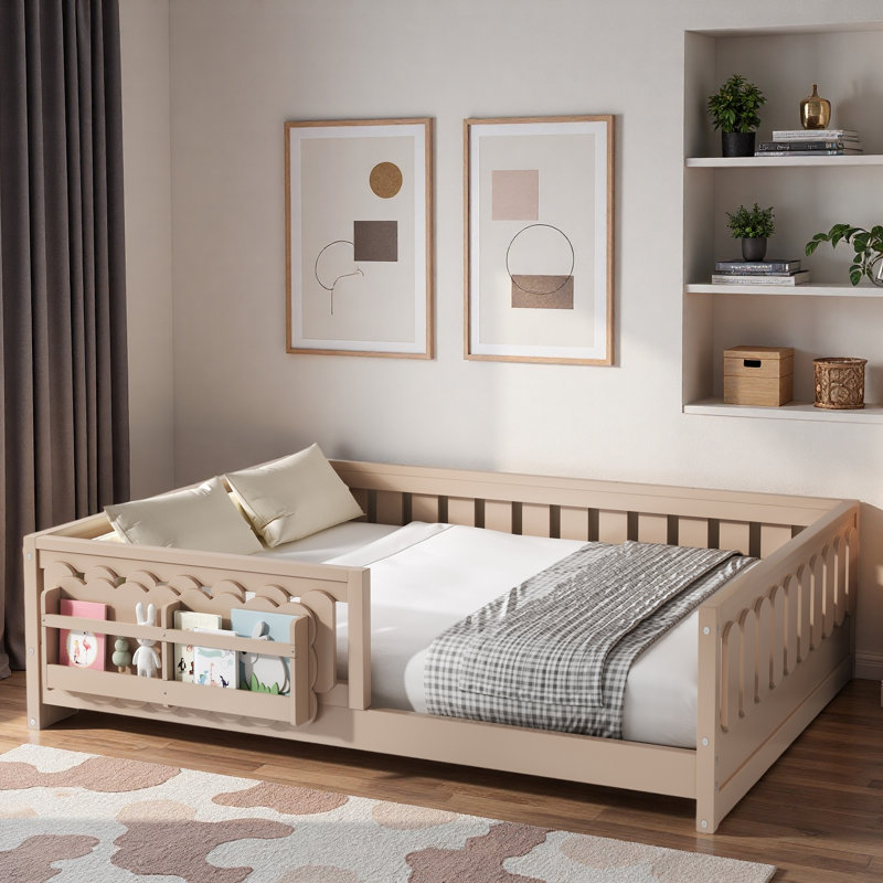 Wood Platform Bed With Guardrail And Storage Shelves, Full