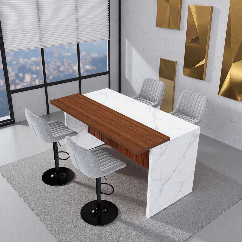 Îlot de cuisine spacieux et moderne avec aspect marbre, DEL et rangement, White, Gray