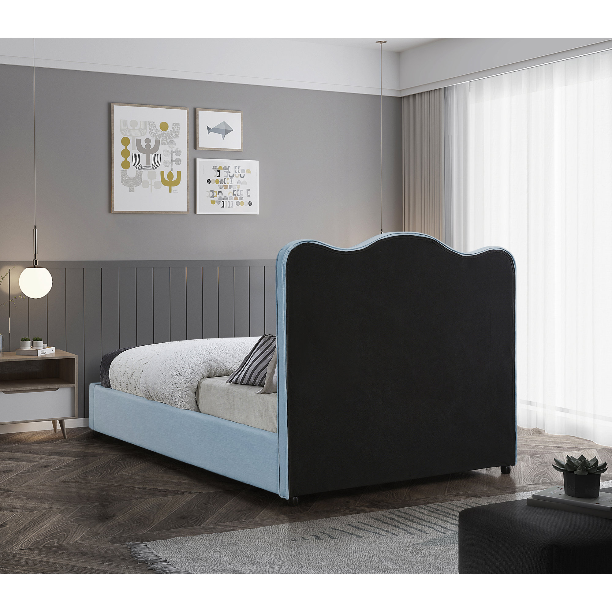 Upholstered Scalloped Bed, Light Blue Performance Linen, Queen