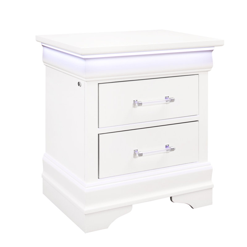Table de chevet blanche avec tiroirs spacieux et à DEL - Bois massif + 2 tables de chevet