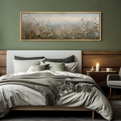 Soft Morning Meadow with Wildflowers and Misty Distance - Large Framed Canvas Master Bedroom Wall Art Print