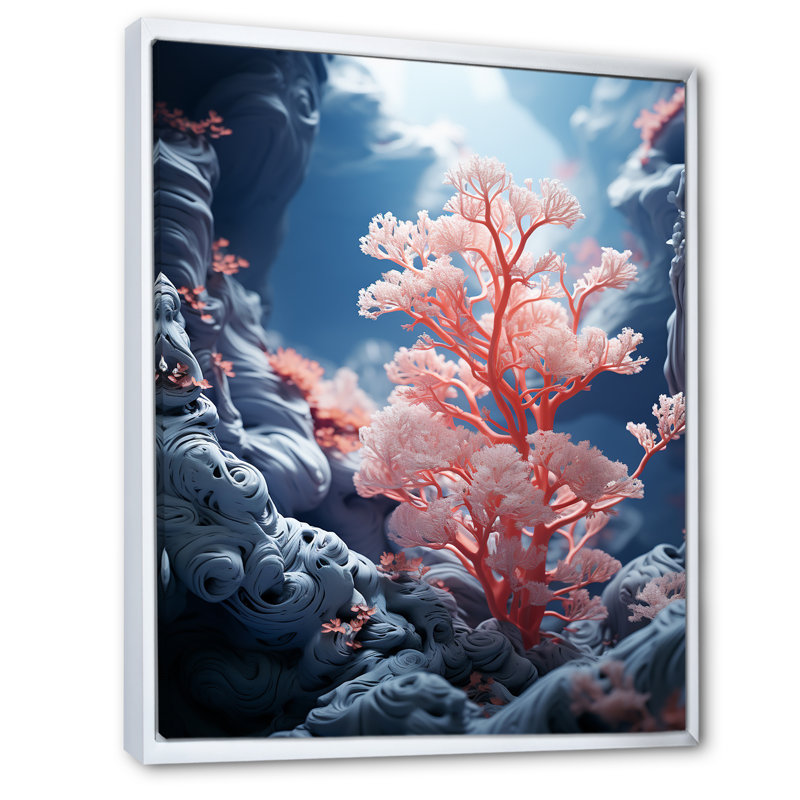 Rose corail et anémones dansant III, Cadre flottant blanc, 32" H x 24" W