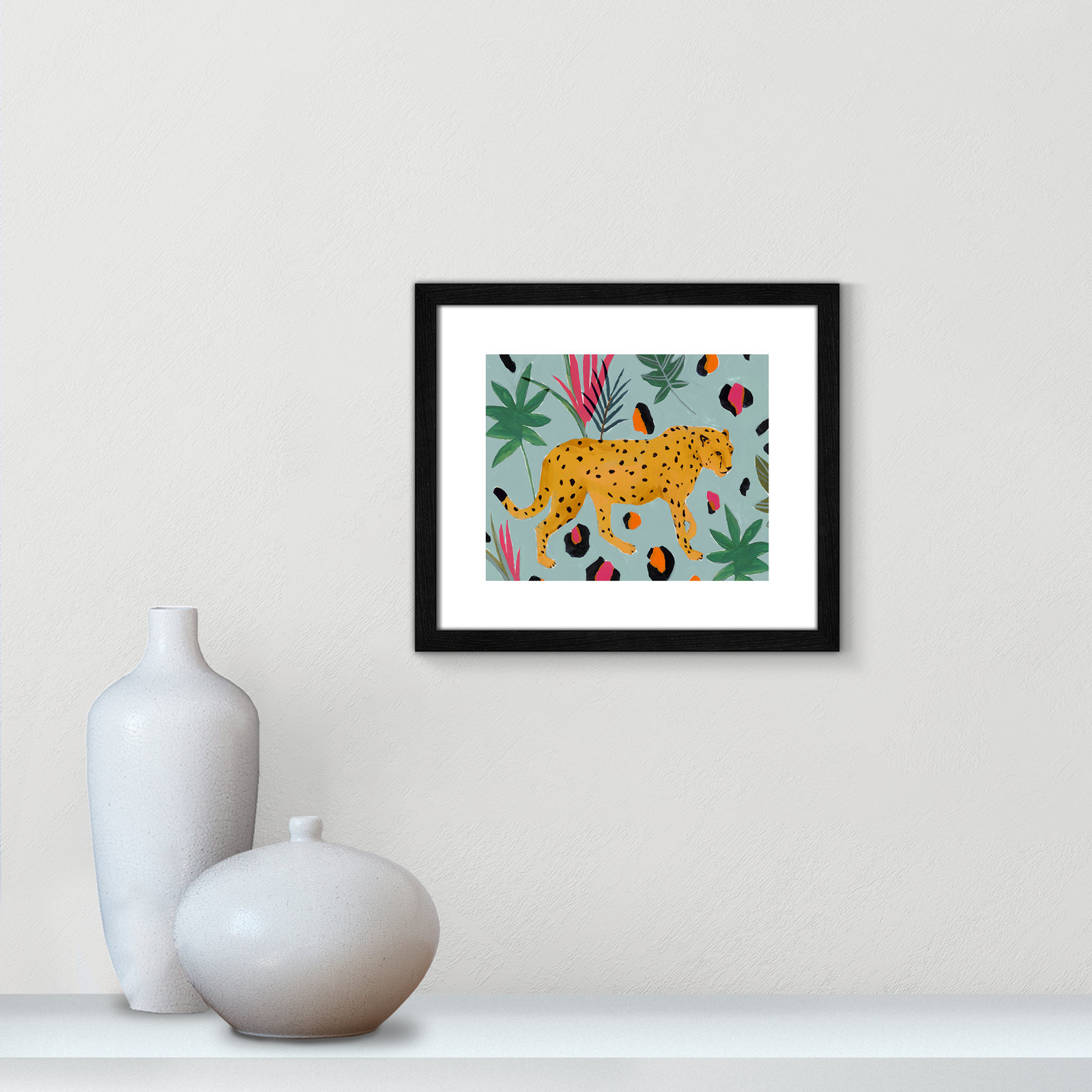 Nyles "Walking Cheetah II" Painting by Isabelle Z, 13" H x 15" W x 0.75" D, Black Wood Framed Paper