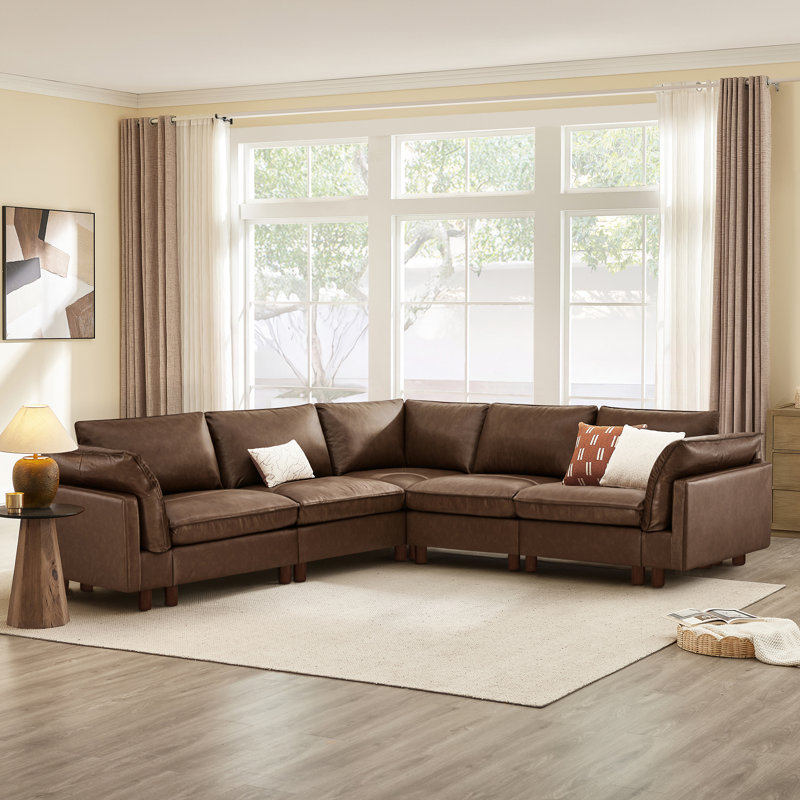 Canapé modulaire en cuir véritable 5 pièces avec base en bois massif Solena, Light Brown