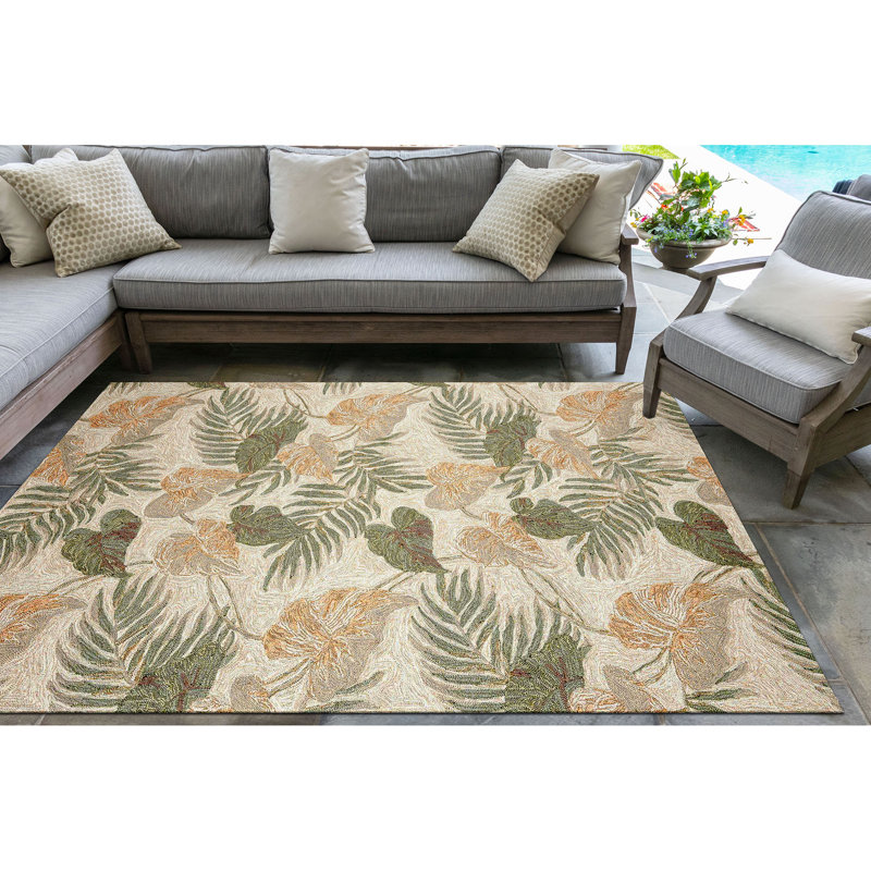 Demirhan Floral Handmade Tufted Tan Indoor / Outdoor Area Rug, Rectangle 7'6" x 9'6"