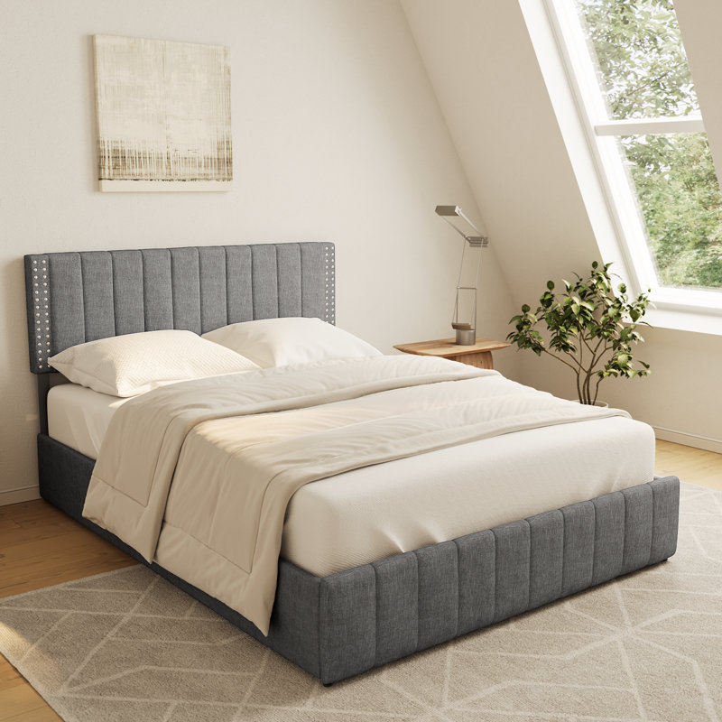 Masad Upholstered Platform Drawer Storage Bed with Adjustable Headboard, Light Gray, Queen