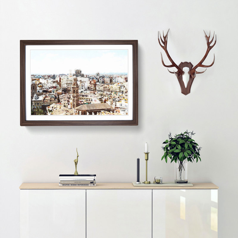 The Valencia Skyline in Spain - Picture Frame Painting Print, 27cm H x 36cm W x 2cm D, Walnut Framed