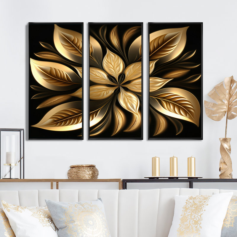 «Golden Lily On Black III», reproduction sur toile 3 pièces, H 28 po x l 36 po x P 1 po, Toile encadrée noire