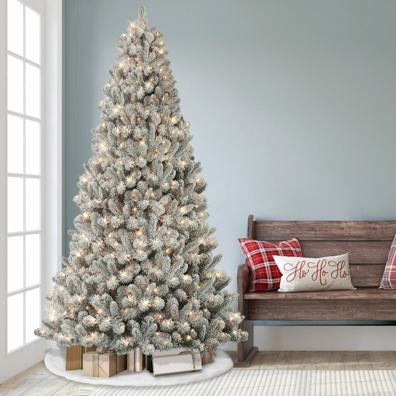 Arbre de Noël artificiel pin vert / blanc enneigé 6,5 pi avec 300 lumières claires / blanches