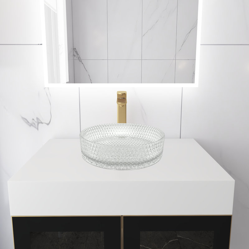 Meuble-lavabo mural moderne de luxe avec comptoir à surface solide de 30 po et vasque ronde en verre, Transparent