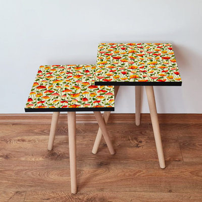 Modern Nesting Table Set (2 Pieces), Beech Wood Legs, 13.8 x 18.5 x 13.8 inches & 13.8 x 16.5 x 13.8 inches | 100% MDF with 0.7-inch Thickness | Stylish Floral Design for Living Room & Home Décor, Space-Saving Solution