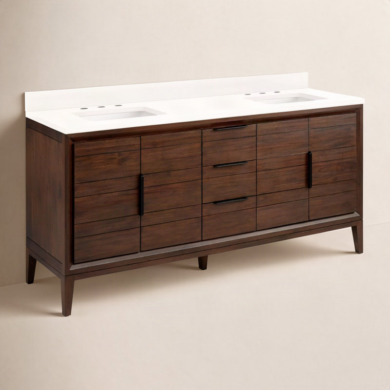 72" Aliso Double Bathroom Vanity Set with Rectangular Undermount Sinks, Arctic White Quartz / Java, 34'' H x 72'' W x 22'' D
