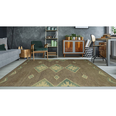 Tapis vert / brun noué à la main de conception unique 8 pi 5 po x 11 pi 4 po Alverson