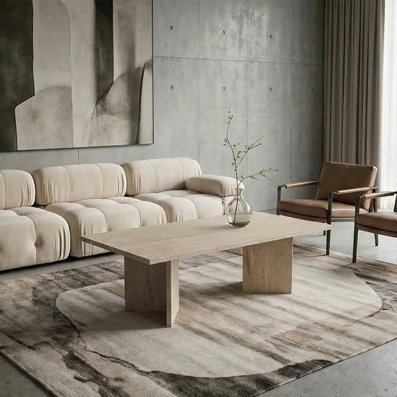 Calderon Rectangular Coffee Table With Slab Pedestals, Travertine