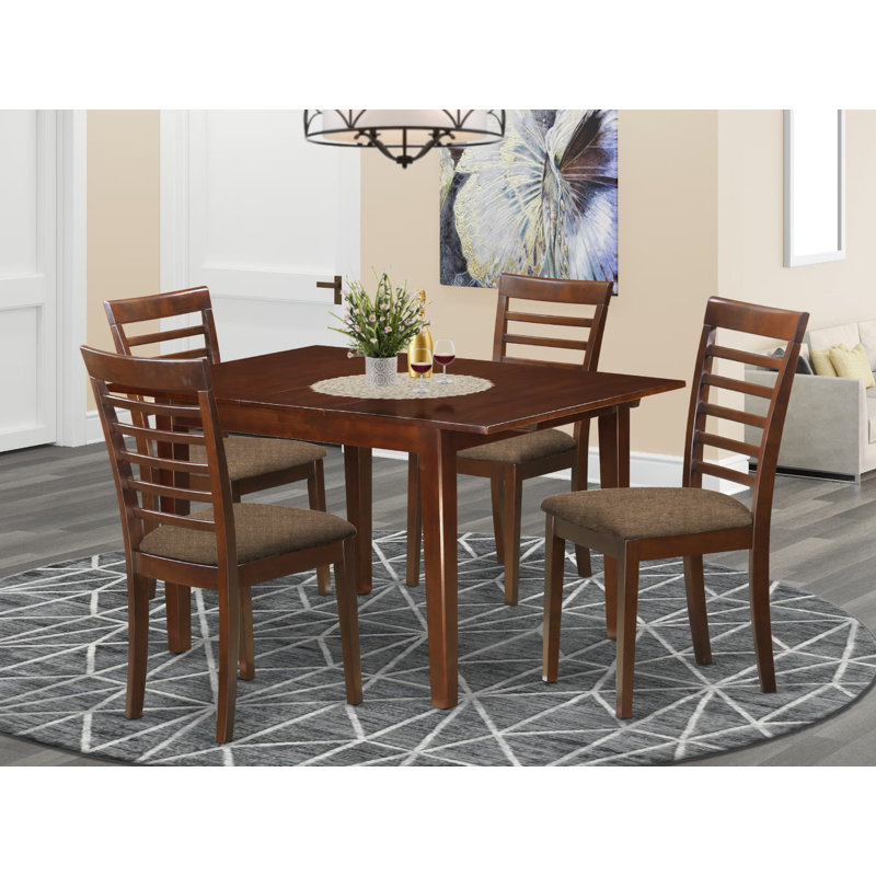 5 Piece Kitchen Table Set for 4 Includes a Rectangle Dining Room Table with Butterfly Leaf and 4 Linen Fabric Chairs, Mahogany