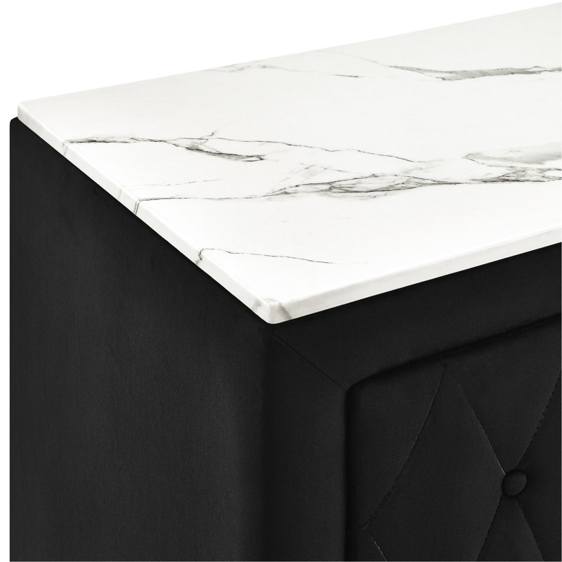 Table de chevet rectangulaire moderne 1pc avec plateau en faux marbre, revêtement en tissu à boutons et deux tiroirs pour la mode de chambre à coucher avec design et surface