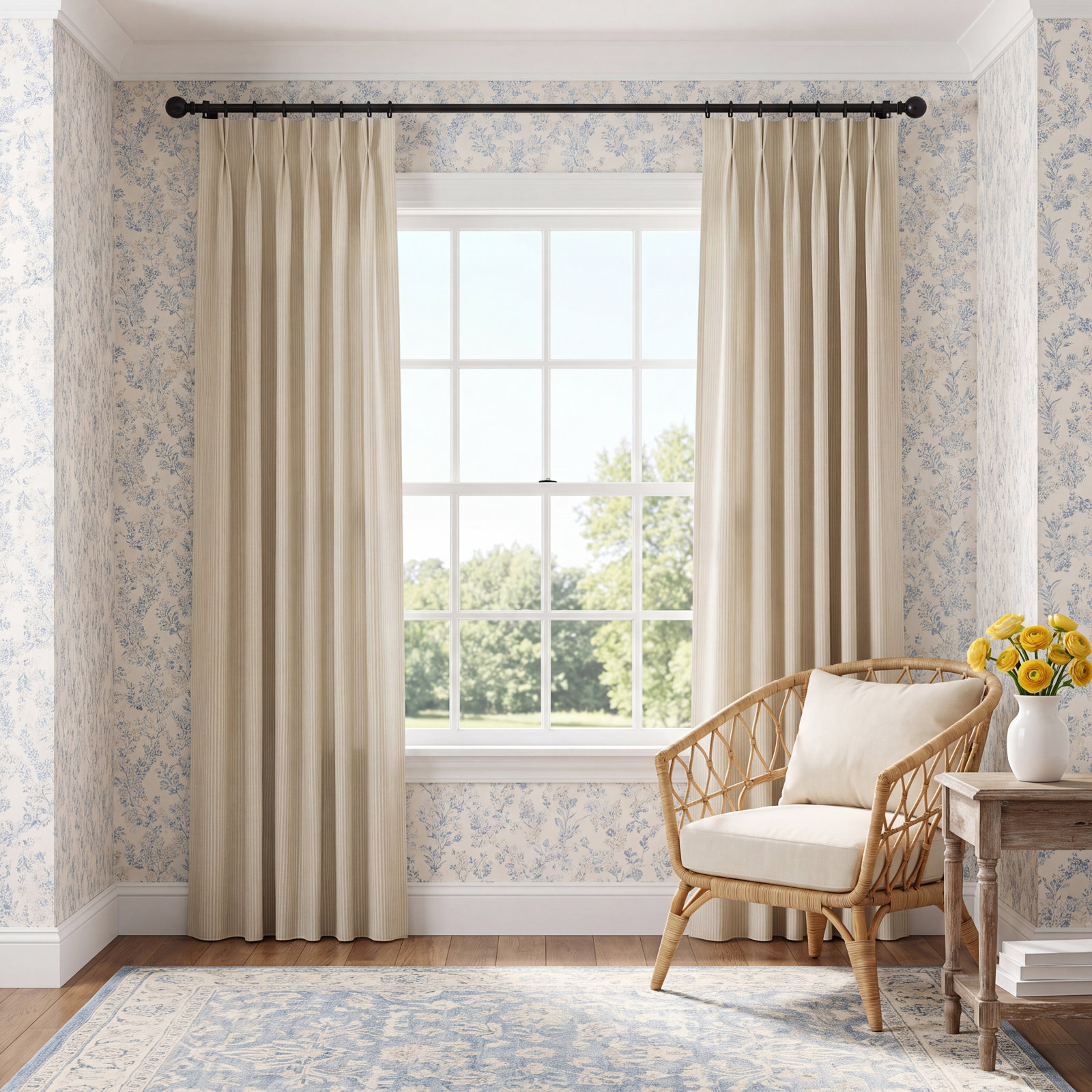 Wakefield Ticking Stripe Curtain in Sand, Inverted Pleat, 33" W x 108" L, Double