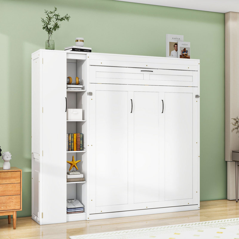 Lit escamotable double avec tablettes, garde-robe et lumières DEL, Blanc