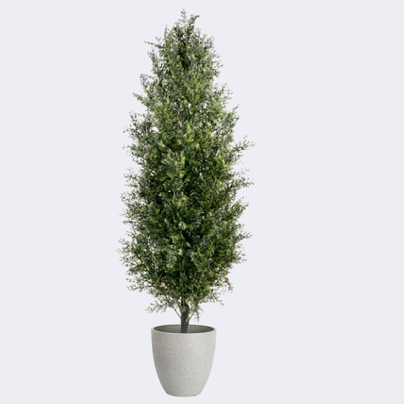 Cyprès artificiels et pots ronds en résine avec plateau, Gris, H 19,69 po x l 82,68 po x P 19,69 po
