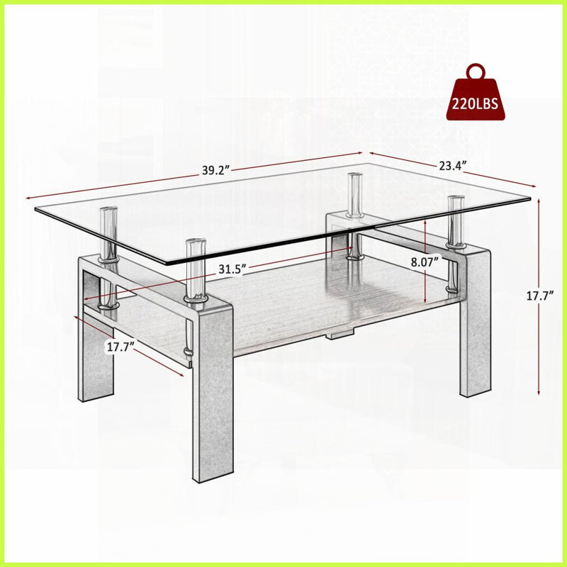 Table basse de salon en verre trempé gris - facile à nettoyer, rangement en panneau de fibres à densité moyenne, pieds en fer durable, capacité de 220 lb