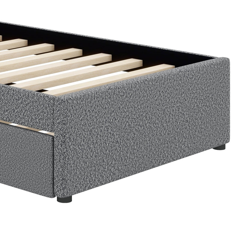 Lit plateforme tapissier de taille simple accompagné d'un lit gigogne sous le lit, Gris
